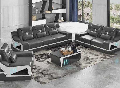 Luxury Sofa Set Complete Couch Set Black Faux Leather Sofa 321