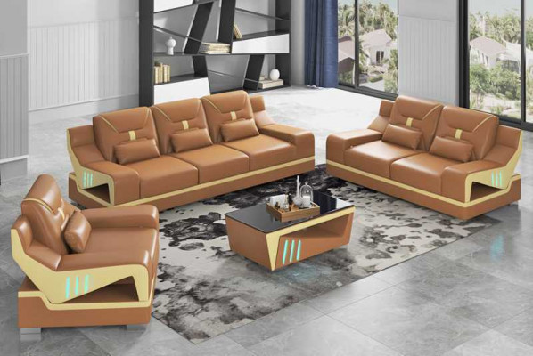 Luxury Sofa Set Complete Couch Set Black Faux Leather Sofa 321