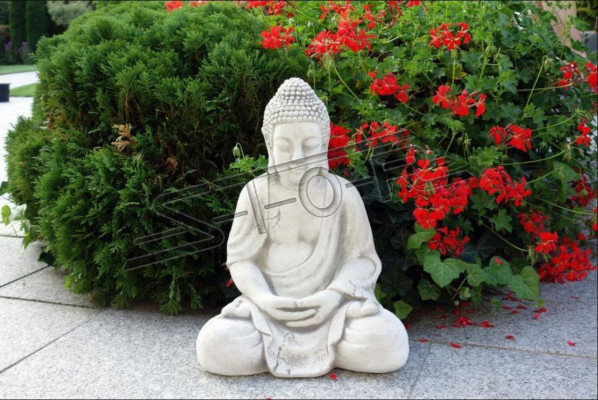 Figure Buddha sculpture in stone look. Large decorative sculpture for garden