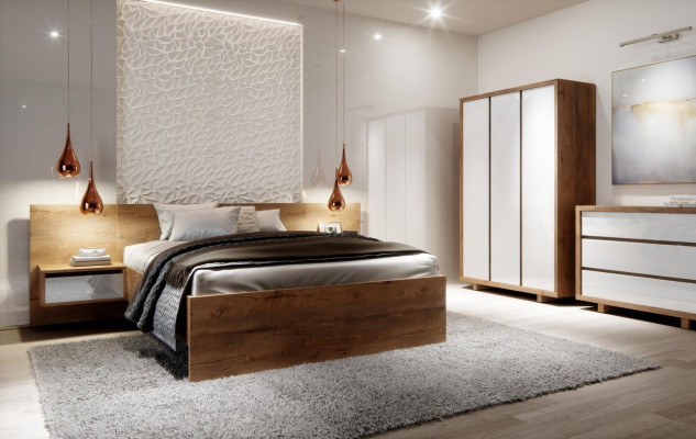 Complete bedroom set bed nightstand wardrobe dresser design 5 pieces.