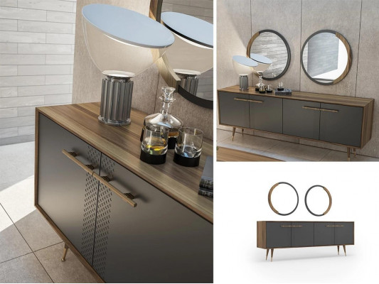Luxury dining room set: dining table with 4 chairs, luxury sideboard with 2 mirrors, new set.