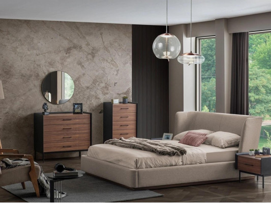 Modern bedroom design complete 3-piece set: 2x chest of drawers, round mirror