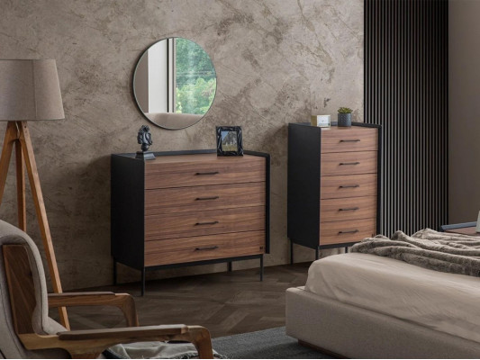 Modern bedroom design complete 3-piece set: 2x chest of drawers, round mirror