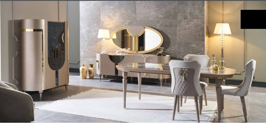 Design dining room set, 8-piece: dining table, chair, sideboard, display cabinet, mirror, dining tables, wood.