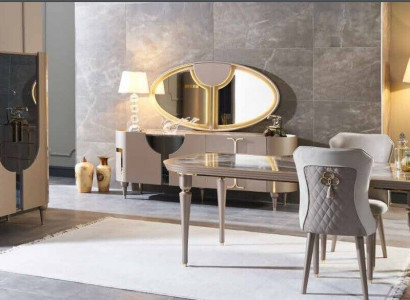 Design dining room set, 8-piece: dining table, chair, sideboard, display cabinet, mirror, dining tables, wood.