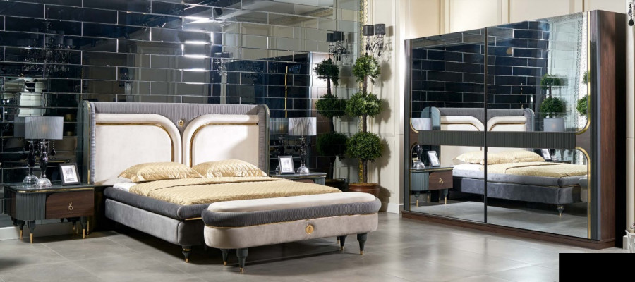 Bedroom set bed, nightstand, wardrobe, stool, luxury design, 5-piece set.