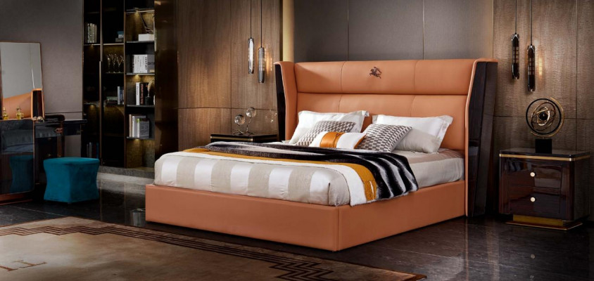 Bed Leather Orange Bedroom Creative Modern Design Furniture Wood Luxury Beds
