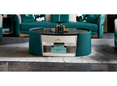 Coffee table wood leather turquoise oval modern design furniture luxury living room 140x83
