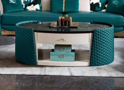 Coffee table wood leather turquoise oval modern design furniture luxury living room 140x83