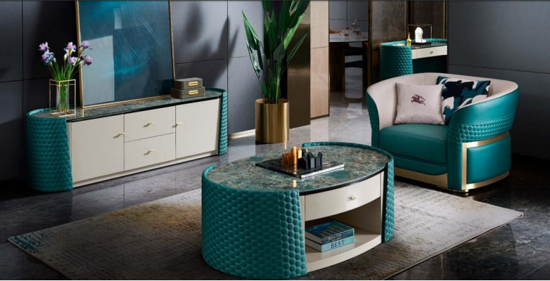 Coffee table base cabinet wood leather turquoise modern new 2-piece design furniture