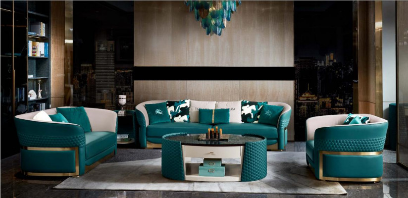 Coffee table wood leather turquoise oval modern design furniture luxury living room 140x83