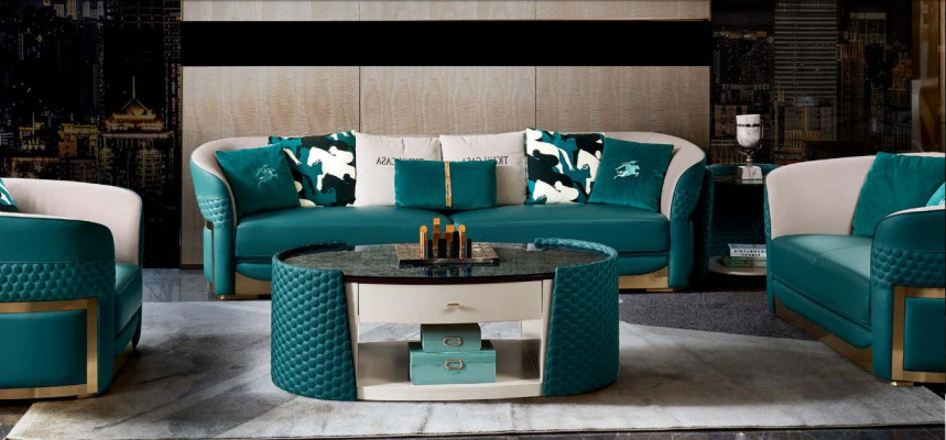Coffee table wood leather turquoise oval modern design furniture luxury living room 140x83