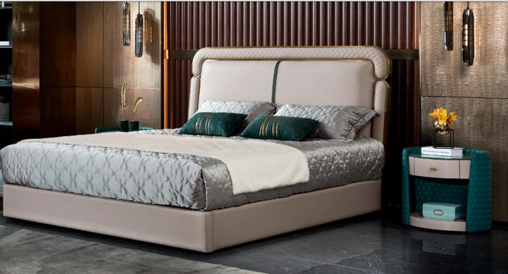 Bed Bedroom Beige Double Bed Leather Bed Modern Design Furniture Wood