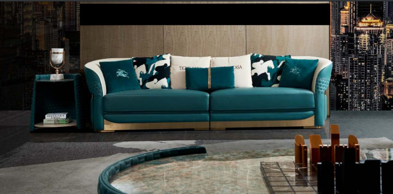 Coffee table wood leather turquoise oval modern design furniture luxury living room 140x83