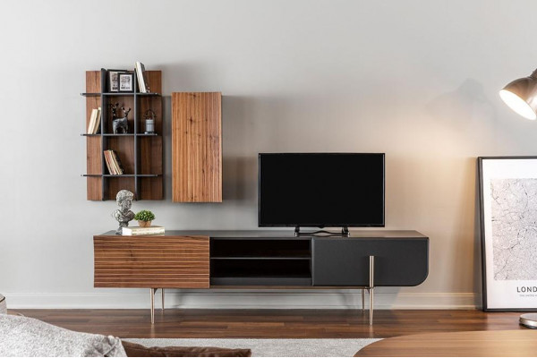 RTV lowboard TV stand shelves sideboard wood modern brown living room