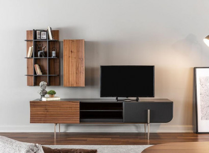 RTV lowboard TV stand shelves sideboard wood modern brown living room