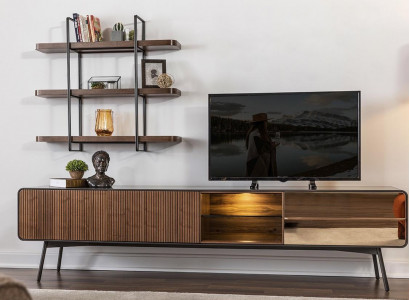 RTV lowboard, TV stand, shelves, sideboard, living room, wood, brown, modern
