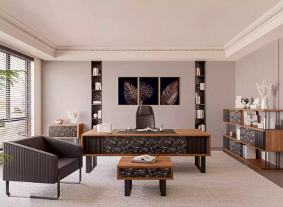 Modern office furniture set: desk, coffee table, file cabinet