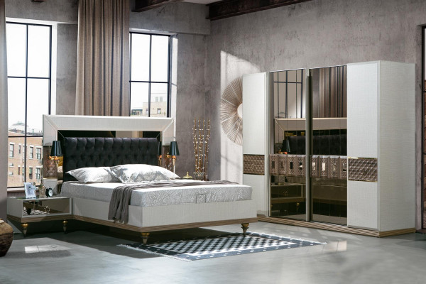 Bedroom set bed 2x bedside tables textile wardrobe modern 4 pieces.