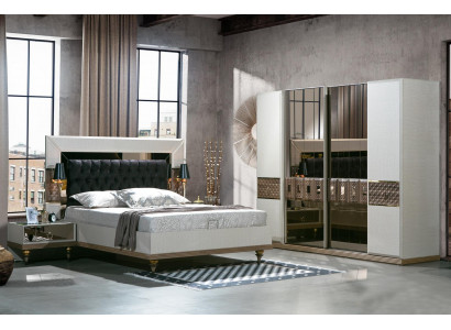 Bedroom set bed 2x bedside tables textile wardrobe modern 4 pieces.