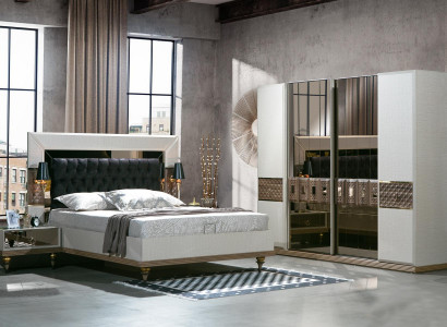 Bedroom set bed 2x bedside tables textile wardrobe modern 4 pieces.