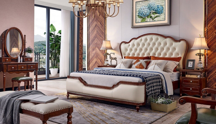 Bed, 2x Nightstands, Dressing Table, Bench, Bedroom Luxury Wood 6-piece Set