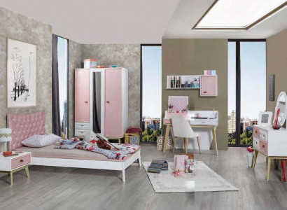 Youth children's room girls modern wardrobe bedroom dresser table 5-piece set.