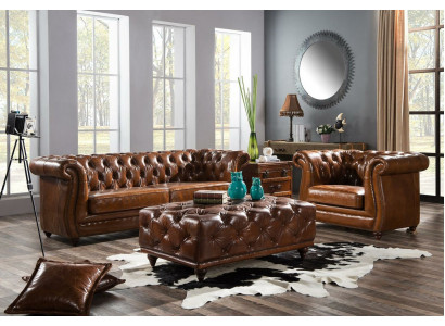 Vintage Chesterfield Sofa Set Couch Upholstery Sofa Leather 3+1 Seater Set 2-piece.