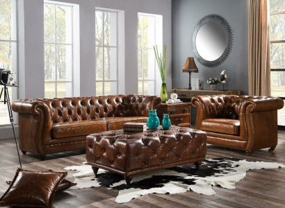 Vintage Chesterfield Sofa Set Couch Upholstery Sofa Leather 3+1 Seater Set 2-piece.