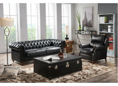 Chesterfield Sofa 3-Seater with Armchair Black Vintage Leather Furniture Style 2-piece Set New