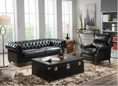 Chesterfield Sofa 3-Seater with Armchair Black Vintage Leather Furniture Style 2-piece Set New
