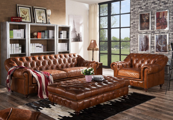 Vintage Chesterfield sofa set upholstery couch sofa leather 3+1 seater set 2-piece.