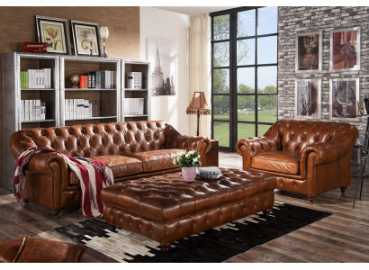 Vintage Chesterfield sofa set upholstery couch sofa leather 3+1 seater set 2-piece.