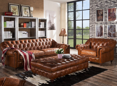 Vintage Chesterfield sofa set upholstery couch sofa leather 3+1 seater set 2-piece.