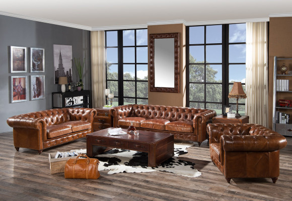 Design Club Lounge 4-Seater Sofa Leather Sofa Three-Seater Vintage Leather Chesterfield
