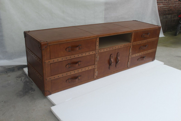 Vintage Dresser Sideboard Leather TV Lowboard Trunk Old Look Style Suitcase Table