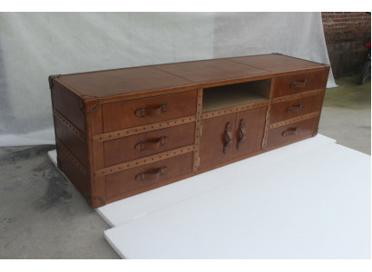 Vintage Dresser Sideboard Leather TV Lowboard Trunk Old Look Style Suitcase Table