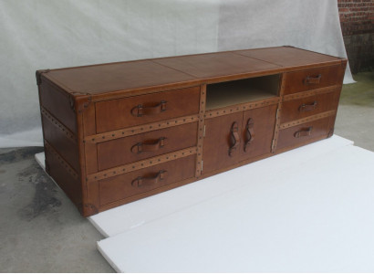 Vintage Dresser Sideboard Leather TV Lowboard Trunk Old Look Style Suitcase Table