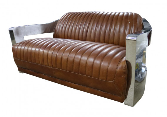 Sofa Vintage 2-Seater Leather Sofa in Retro Style Genuine Leather Aluminum Rivets Furniture