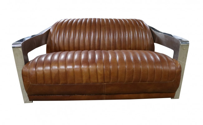 Sofa Vintage 2-Seater Leather Sofa in Retro Style Genuine Leather Aluminum Rivets Furniture