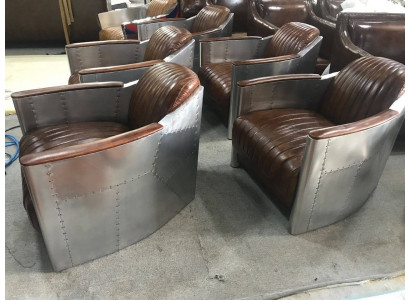 Armchair Genuine Leather Couch Sofa Airplane Club Lounge Retro Aviator Vintage Aluminum