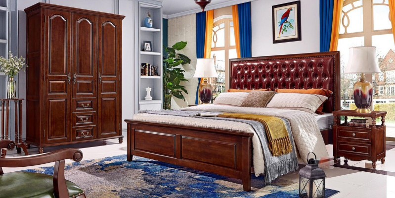 Bed, 2x nightstands, wardrobe, bedroom furniture design, 4-piece set.