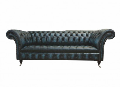 Classic 3-seat couch upholstery seat Chesterfield fabric leather blue