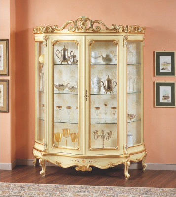 Glass display cabinet with artistic carvings and elegant design