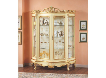 Glass display cabinet with artistic carvings and elegant design