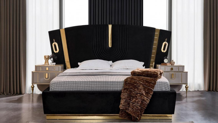 Bedroom double bed set bed nightstands 3-piece luxury black