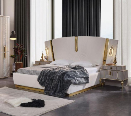 Bedroom double bed set, bed bedside tables, white 3-piece luxury