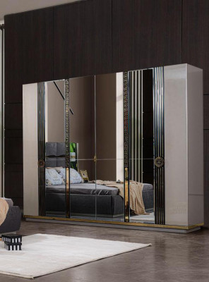Luxury Wardrobe Wooden Closet Wardrobe with Mirror Beige