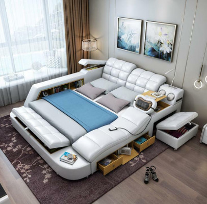 Bed Double Shelves Leather Upholstered Beds Multifunction with Massage Function New