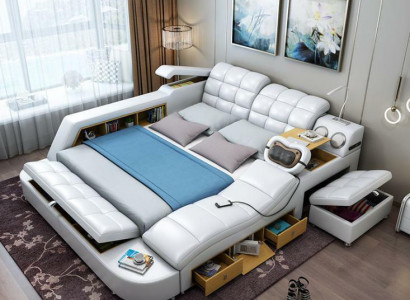 Bed Double Shelves Leather Upholstered Beds Multifunction with Massage Function New